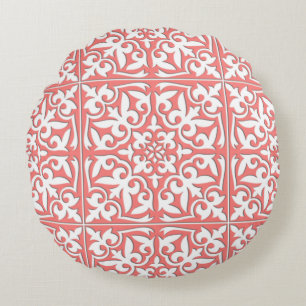 Moroccan tile - coral pink and white round cushion