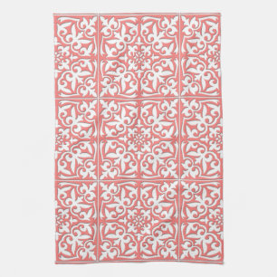 Moroccan tile - coral pink and white tea towel