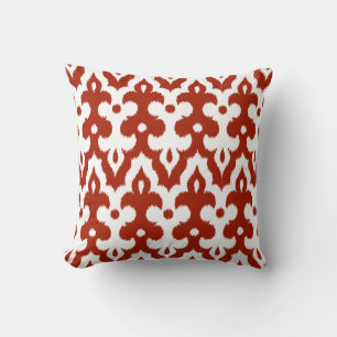 Moroccan Tile Damask Pattern, Deep Red and White Cushion