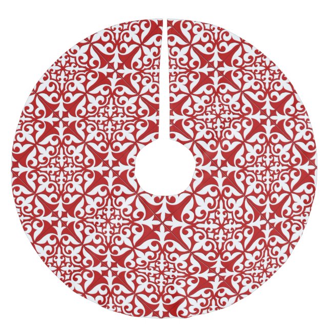 Moroccan tile - dark red and white brushed polyester tree skirt (Front)