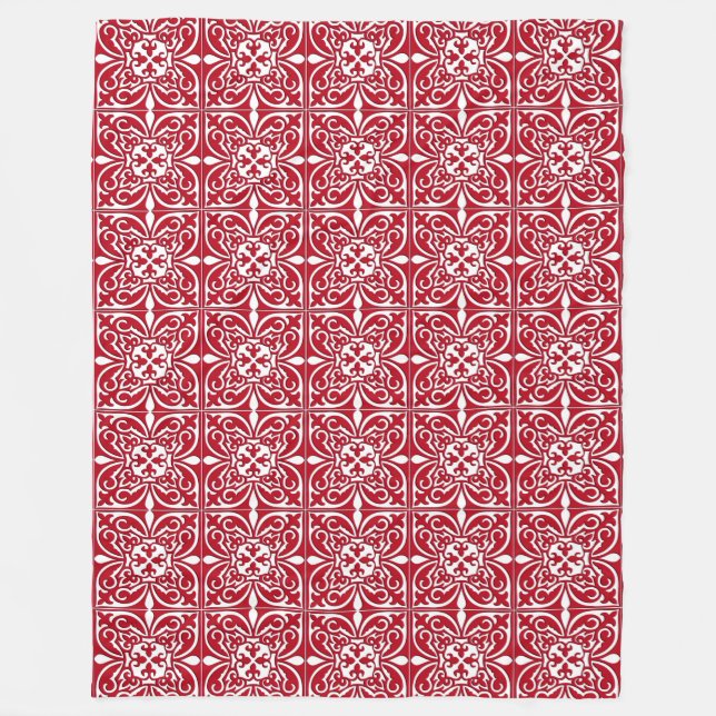 Moroccan tile - dark red and white fleece blanket (Front)