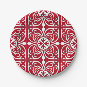 Moroccan tile - dark red and white paper plate