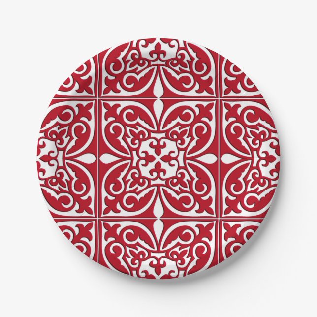 Moroccan tile - dark red and white paper plate (Front)