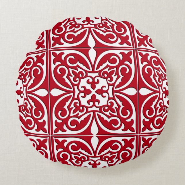 Moroccan tile - dark red and white round cushion (Front)