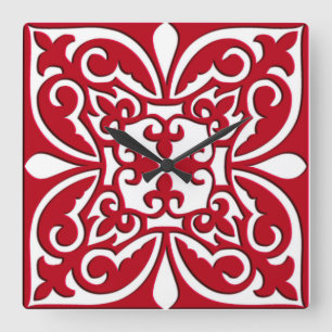 Moroccan tile - dark red and white square wall clock