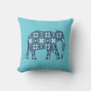 Moroccan Tile Elephant, Cobalt, Navy & Light Blue Cushion