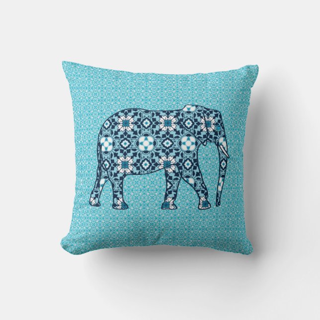 Moroccan Tile Elephant, Cobalt, Navy & Light Blue Cushion (Front)