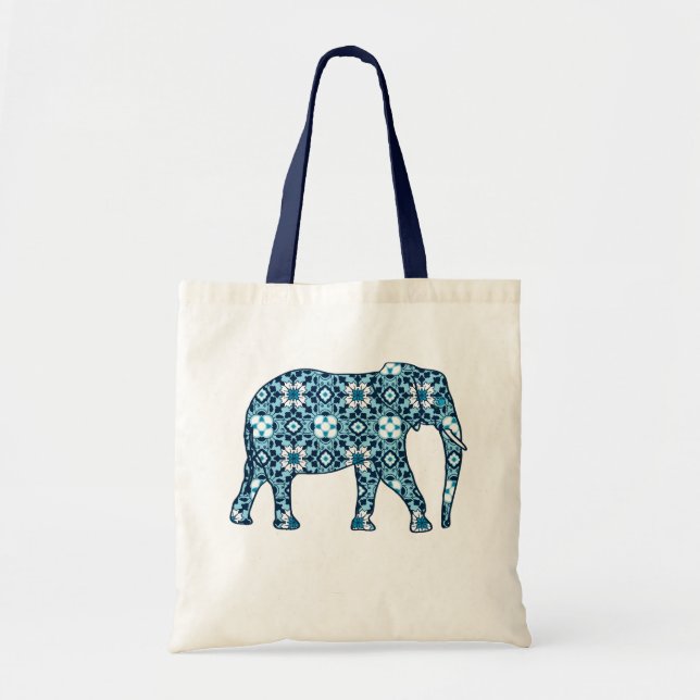 Moroccan Tile Elephant, Cobalt, Navy & Light Blue Tote Bag (Front)