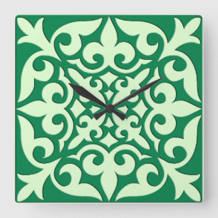 Moroccan tile - emerald and light green square wall clock