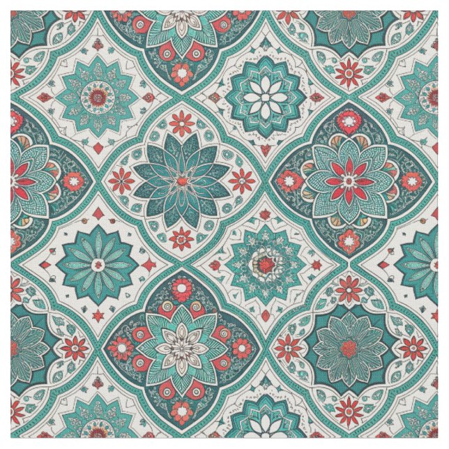 Moroccan Tile Geometric Floral Mandala Pattern Art Fabric (Close Up)
