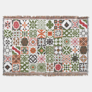 Moroccan tile - green,black,red throw blanket