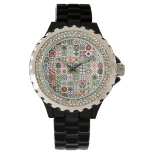 Moroccan tile - green,black,red watch