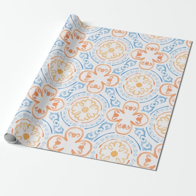 Moroccan tile in blue and orange wrapping papper wrapping paper (Unrolled)