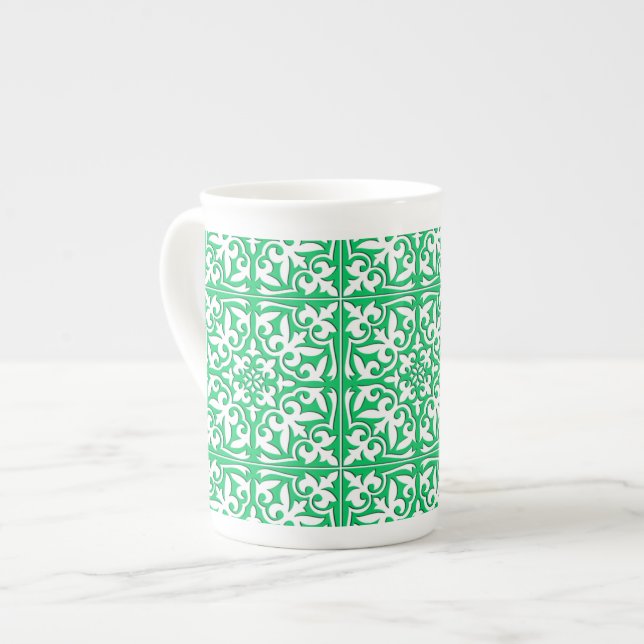 Moroccan tile - jade green and white bone china mug (Front Left)
