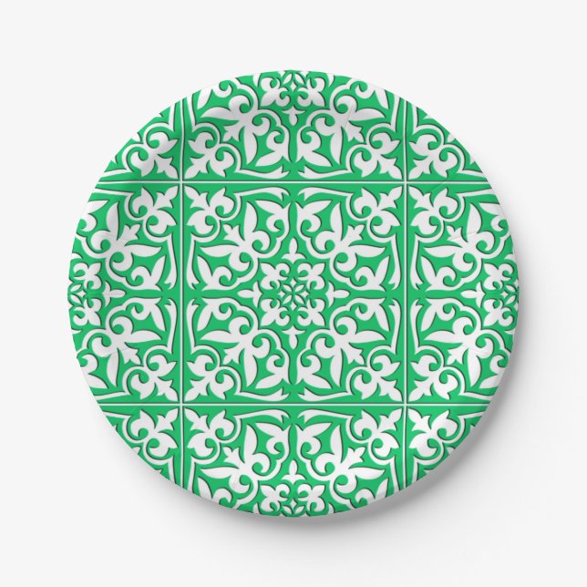 Moroccan tile - jade green and white paper plate (Front)