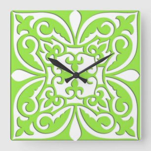 Moroccan tile - lime green and white square wall clock