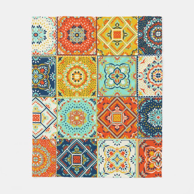 Moroccan tile mosaic illustration pattern fleece blanket (Front)