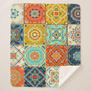 Moroccan tile mosaic illustration pattern sherpa blanket
