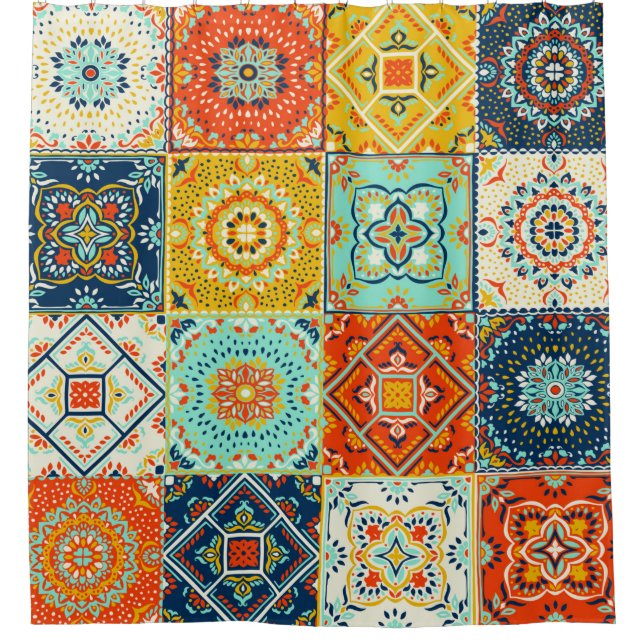 Moroccan tile mosaic illustration pattern shower curtain (Front)