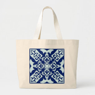 Moroccan tile - navy and light blue large tote bag
