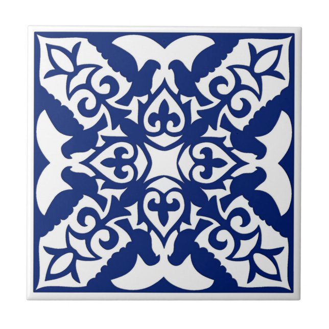 Moroccan Tile, Navy Blue and White Ceramic Tile (Front)