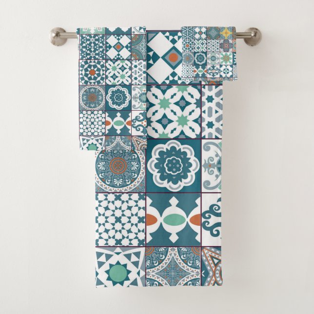 Moroccan tile-orange and light turquoise bath towel set (Insitu)