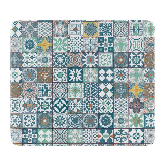 Moroccan tile-orange and light turquoise cutting board (Front)