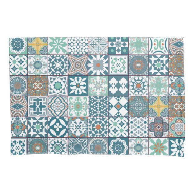 Moroccan tile-orange and light turquoise pillowcase (Front)