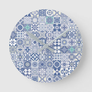 Moroccan tile pastel blue round clock