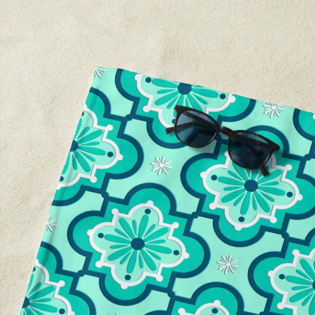 Moroccan Tile Pattern, Aqua and Turquoise Beach Towel (In Situ)