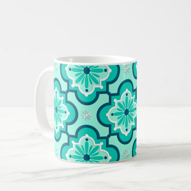 Moroccan Tile Pattern, Aqua and Turquoise Coffee Mug (Front Left)
