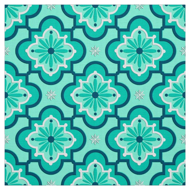 Moroccan Tile Pattern, Aqua and Turquoise Fabric (Swatch)
