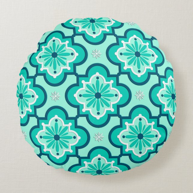 Moroccan Tile Pattern, Aqua and Turquoise Round Cushion (Front)