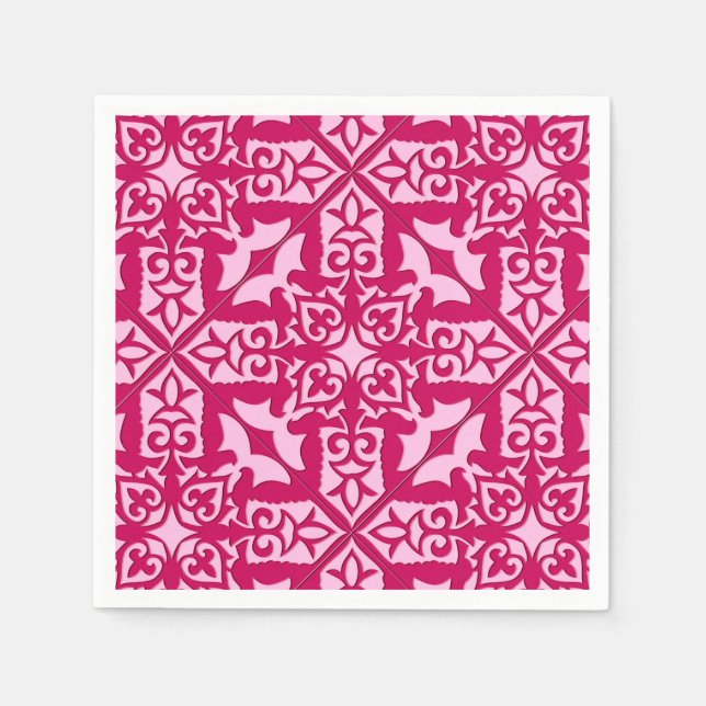 Moroccan Tile Pattern, Fuchsia and Pastel Pink Napkin (Front)