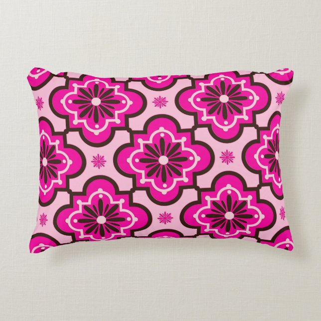 Moroccan Tile Pattern, Fuchsia Pink and Black Decorative Cushion (Front)