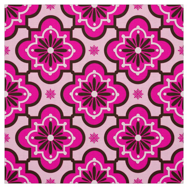 Moroccan Tile Pattern, Fuchsia Pink and Black Fabric (Swatch)