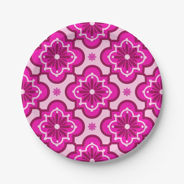 Moroccan tile pattern - Fuchsia Pink Paper Plate (Front)