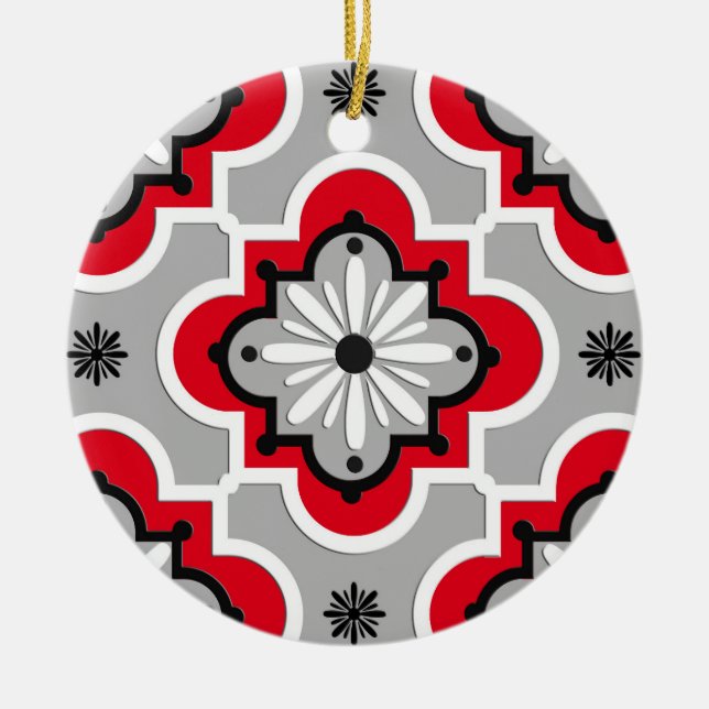Moroccan tile pattern - Grey and Red Ceramic Ornament (Front)