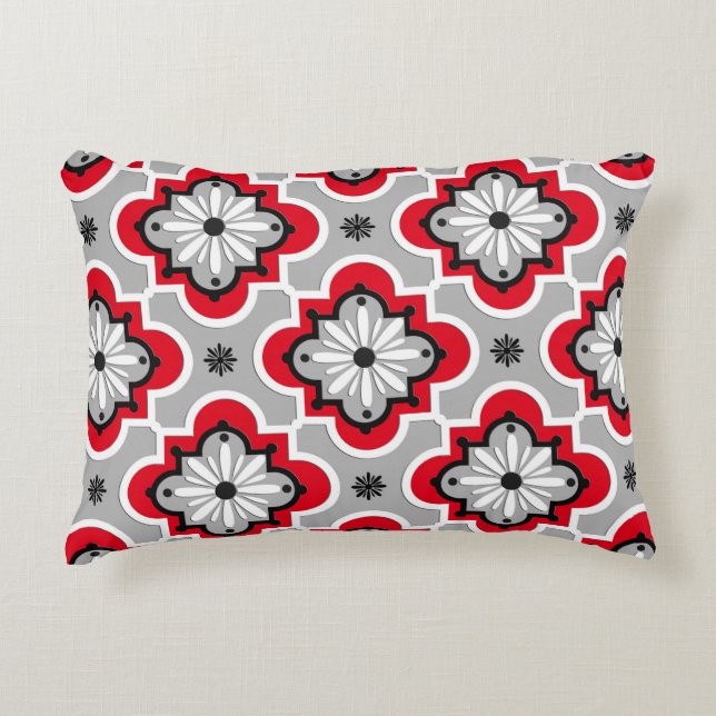 Moroccan tile pattern - Grey and Red Decorative Cushion (Front)