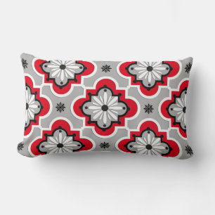 Moroccan tile pattern - Grey and Red Lumbar Cushion