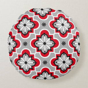 Moroccan tile pattern - Grey and Red Round Cushion
