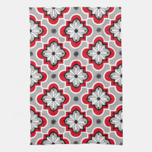 Moroccan tile pattern - Grey and Red Tea Towel