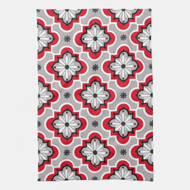Moroccan tile pattern - Grey and Red Tea Towel (Vertical)