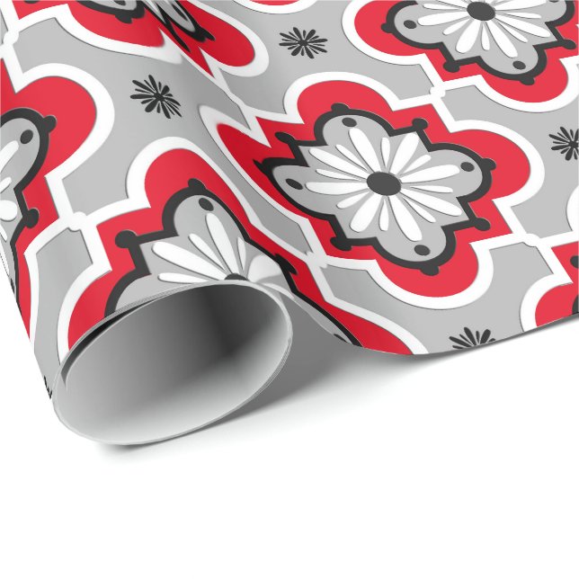 Moroccan tile pattern - Grey and Red Wrapping Paper (Roll Corner)