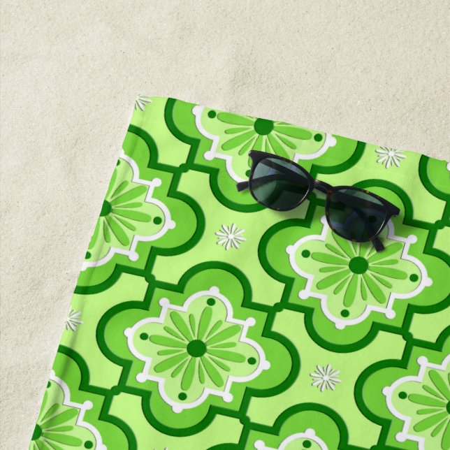 Moroccan Tile Pattern, Lime Green Beach Towel (In Situ)