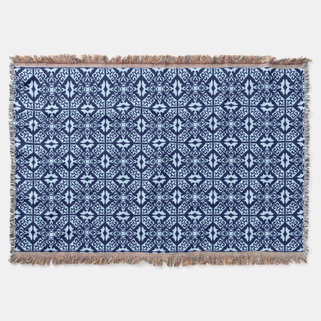 Moroccan Tile Pattern, Navy and Sky Blue Throw Blanket (Front)