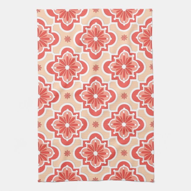 Moroccan tile pattern - Shades of Coral Orange Tea Towel (Vertical)