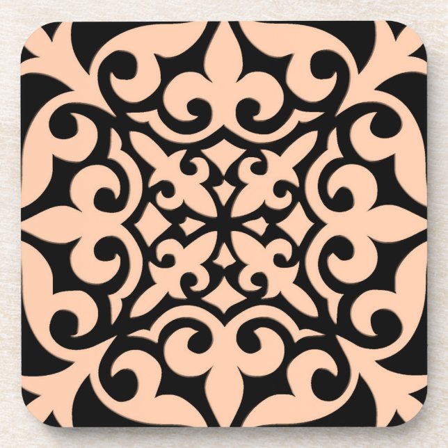 Moroccan tile - peach pink and black coaster (Front)