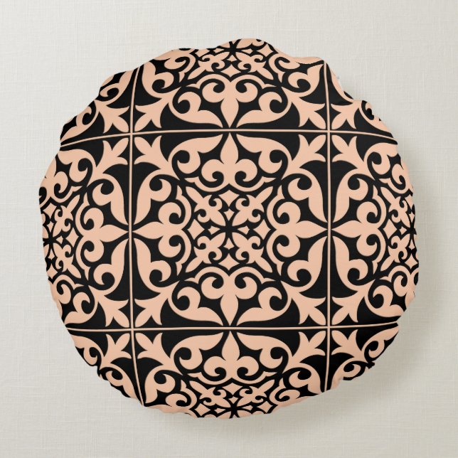 Moroccan tile - peach pink and black round cushion (Back)