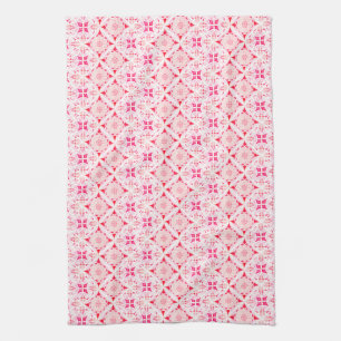 Moroccan tile pink and red pattern watercolor tea towel